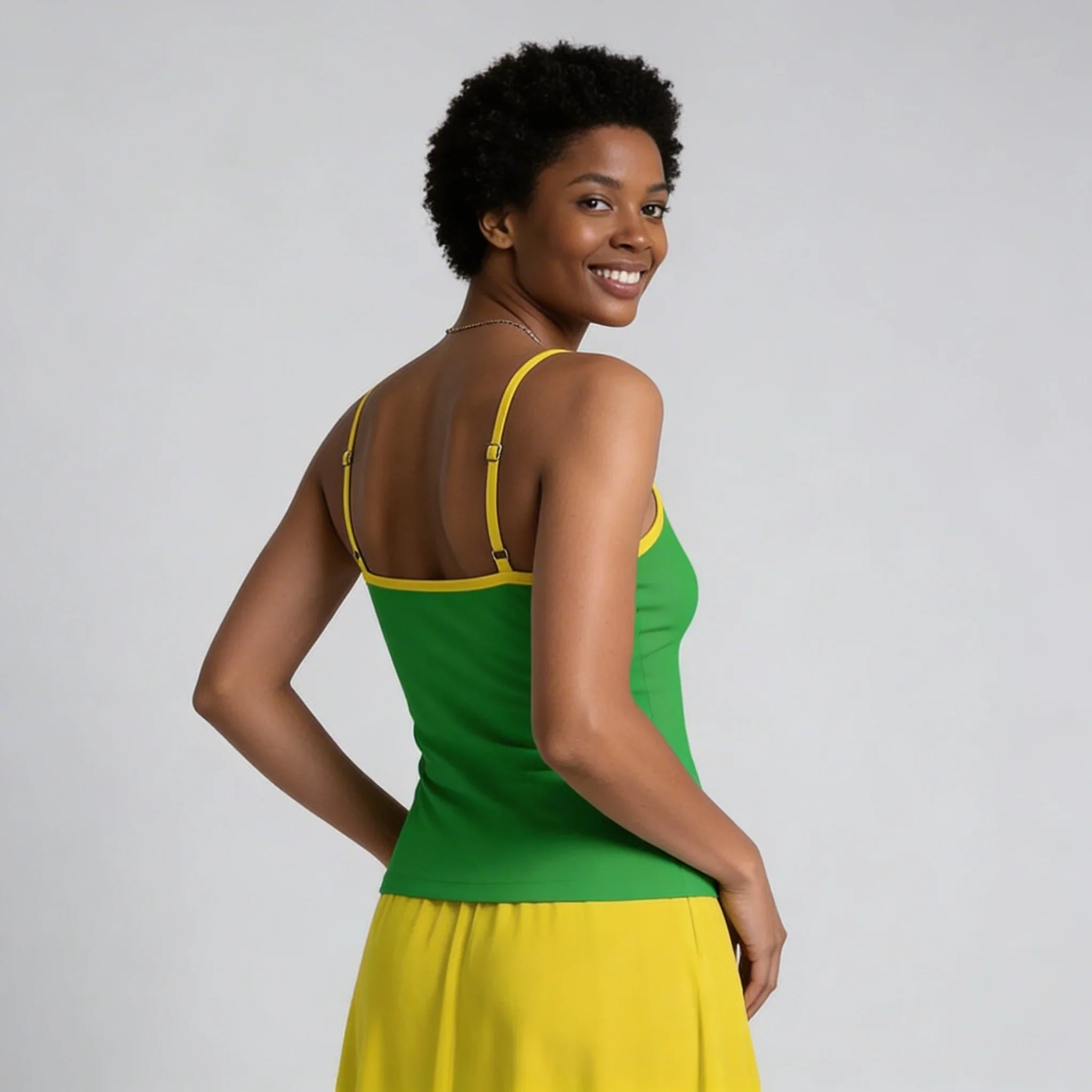 green camisole tank top with yellow trim straps showing adjustable fit - Lemon Lime Cami Top Core Essentials Collection