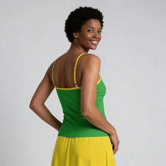 green camisole tank top with yellow trim straps showing adjustable fit - Lemon Lime Cami Top Core Essentials Collection