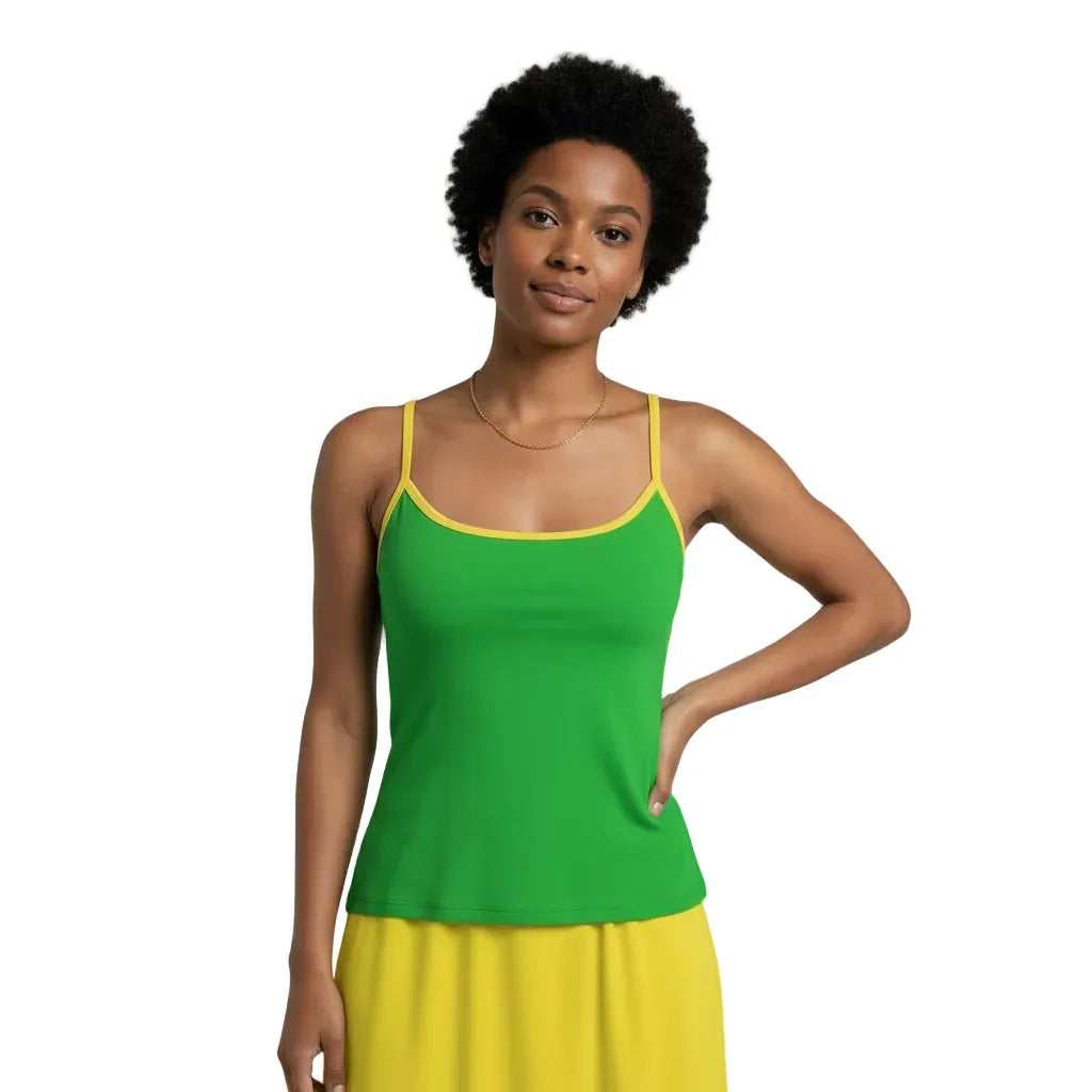 ark pastel green fitted cami top with canary yellow trim and adjustable spaghetti straps paired with yellow skirt - Lemon Lime Cami Top by Blissfully Brand
