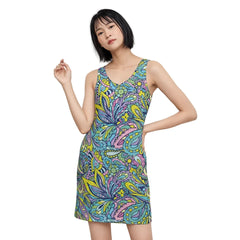 Psychedelic Paisley Floral Rib Knit V Neck Tank Mini Dress Retro Bold Vibrant Summer Blissfully Brand