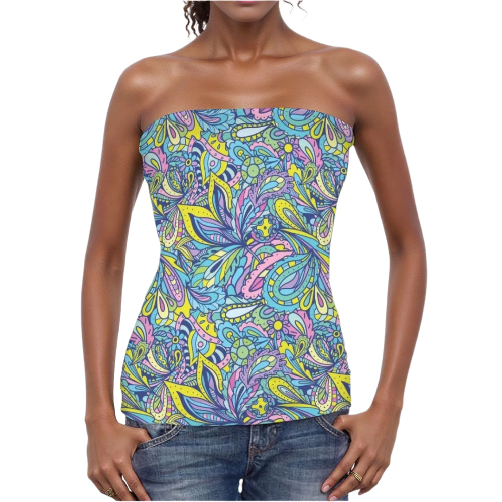 Colorful Cenala print tube top with boho retro paisley  pattern - Summer Vibrant Styles by Blissfully Brand