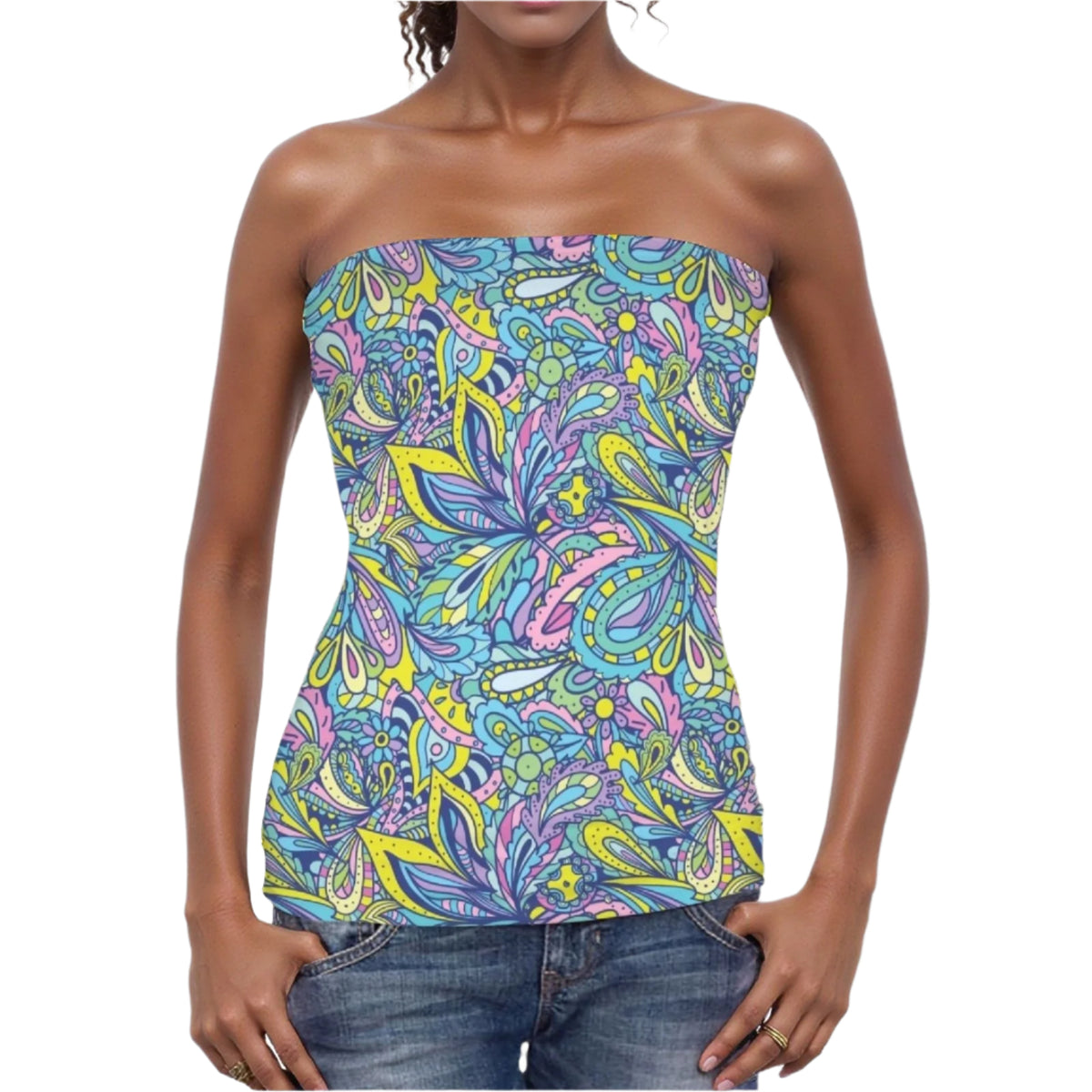 Colorful Cenala print tube top with boho retro paisley  pattern - Summer Vibrant Styles by Blissfully Brand