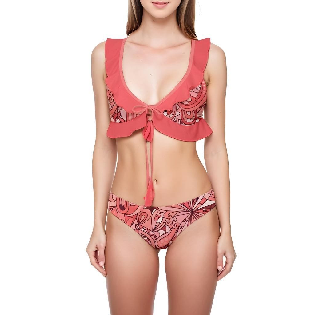 Citra Low Rise Ruffle Edge Bikini Set - Red Pink Abstract Paisley Flounce Scallop Retro Funky Beachwear Women's Plus Size