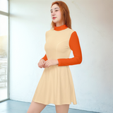 Two-tone Velour A-line Dress with Orange Sleeves and Cream Body - Retro-Inspired Mock Turtleneck Mini Dress in a Two Tone style - Airline Series by Blissfully Brand