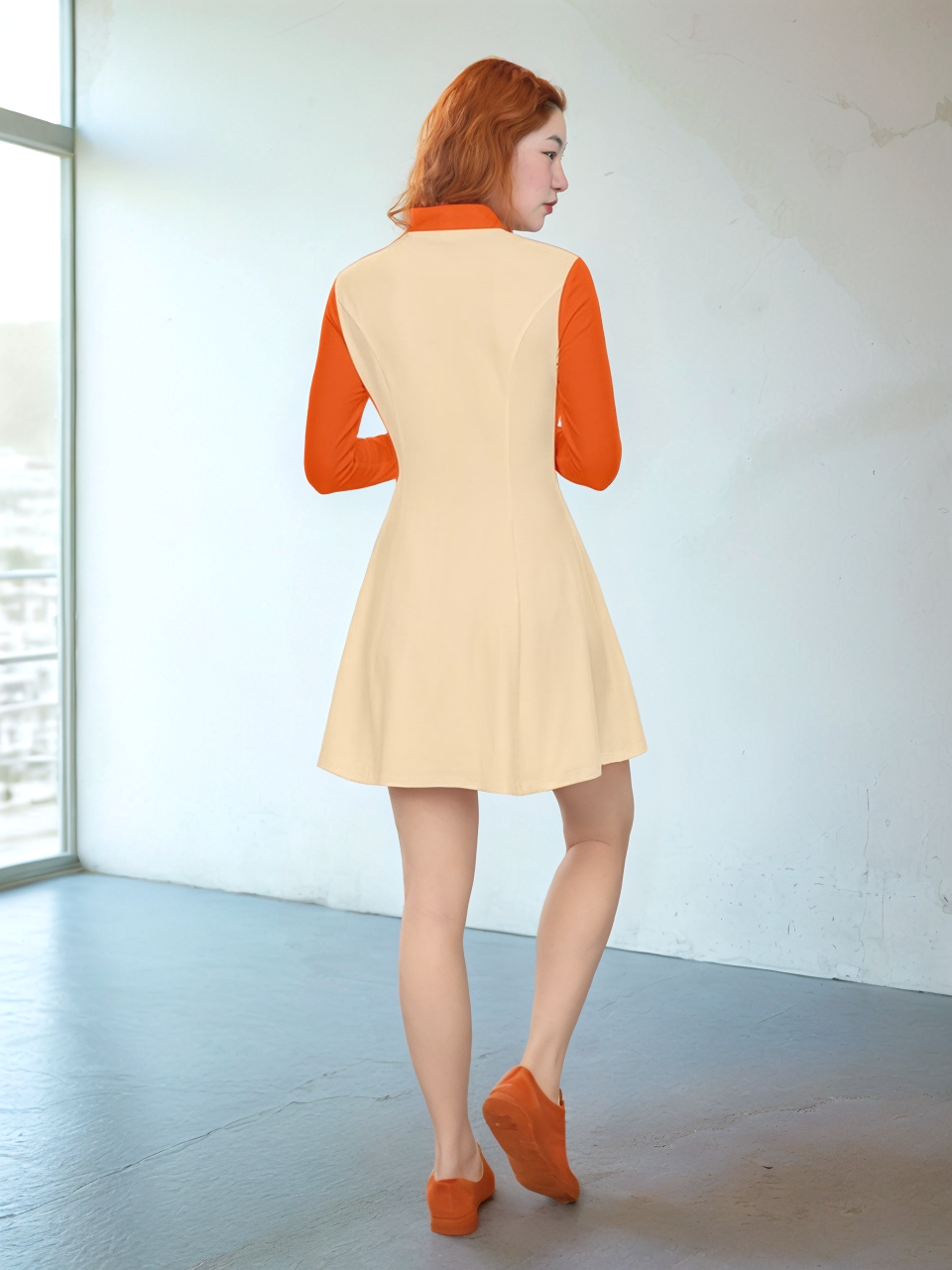 Copenhagen Velour Color Block Long Sleeve Flare Dress