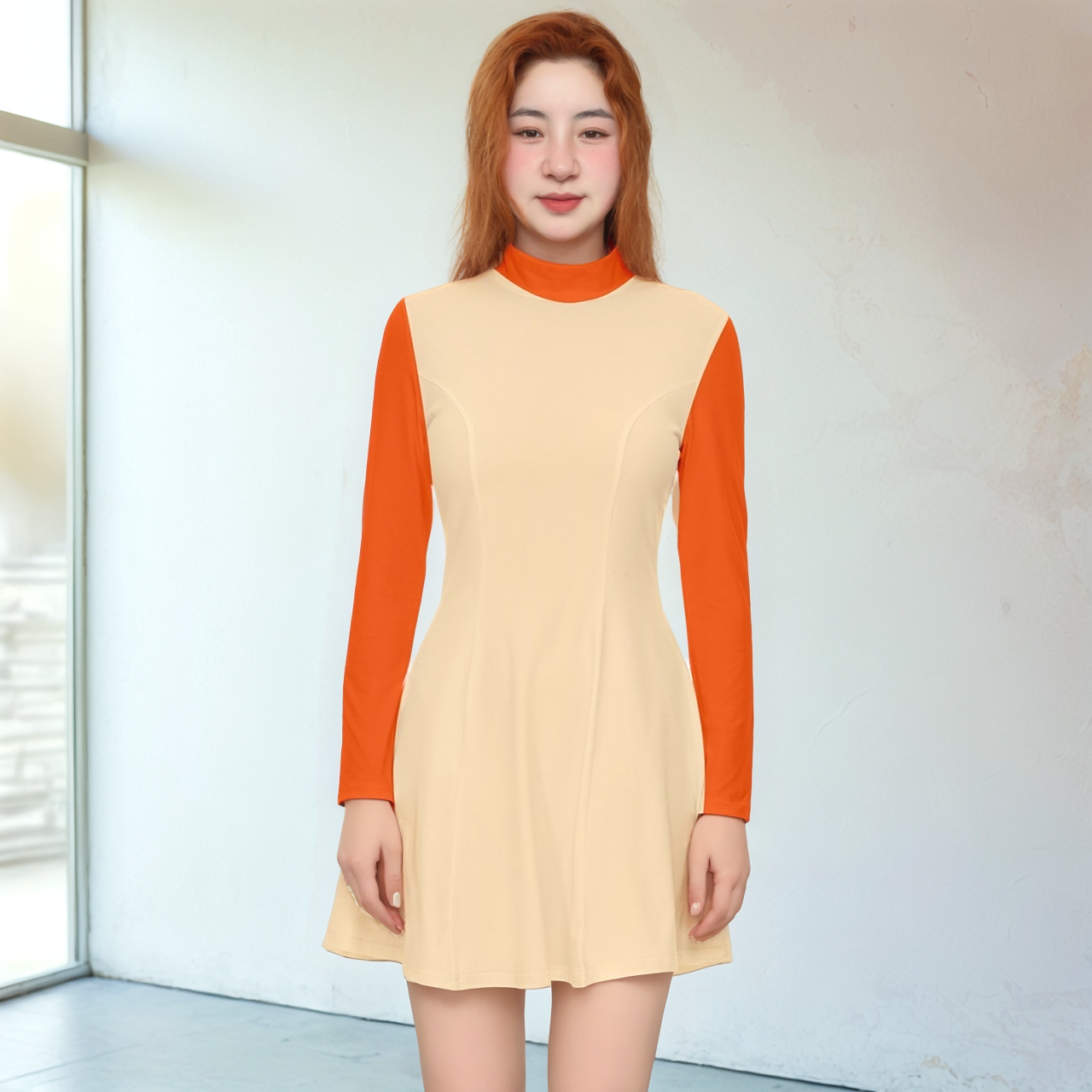 Copenhagen Velour Color Block Long Sleeve Flare Dress