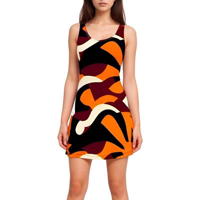 Sleeveless mini dress with bold abstract print in orange, black, burgundy and cream. Form-fitting silhouette with scoop neckline. Retro-inspired geometric pattern. 