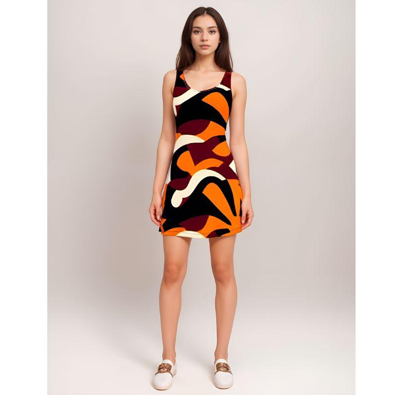 Stylish sleeveless mini skater dress featuring a bold abstract geometric pattern in vibrant shades of orange, burgundy, black, and white. Perfect for summer outings or casual events