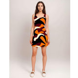 Stylish sleeveless mini skater dress featuring a bold abstract geometric pattern in vibrant shades of orange, burgundy, black, and white. Perfect for summer outings or casual events