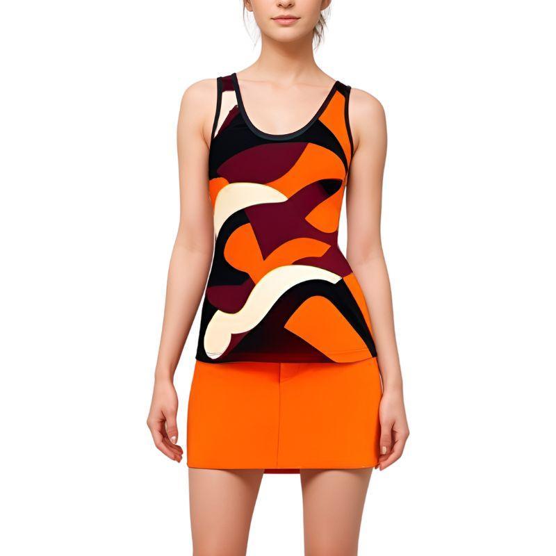 Women's Abstract Colorful Tank Top - Sleeveless, Lightweight, and Trendy. Perfect for Summer Wear. Bold Orange, Black, And White Geometric Design with Racerback. Vibrant and Stylish Retro Tank Top Ideal for Casual Outfits