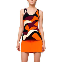 Women's Abstract Colorful Tank Top - Sleeveless, Lightweight, and Trendy. Perfect for Summer Wear. Bold Orange, Black, And White Geometric Design with Racerback. Vibrant and Stylish Retro Tank Top Ideal for Casual Outfits