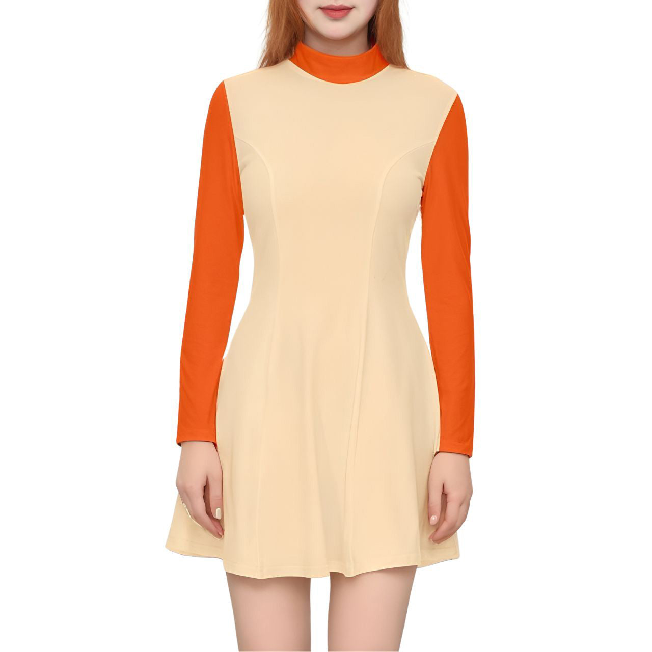 Beige and orange velour dress, A-line silhouette, mock neck, long sleeves, stylish retro chic color block mini - Airline Series by Blissfully Brand