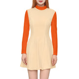 Beige and orange velour dress, A-line silhouette, mock neck, long sleeves, stylish retro chic color block mini - Airline Series by Blissfully Brand