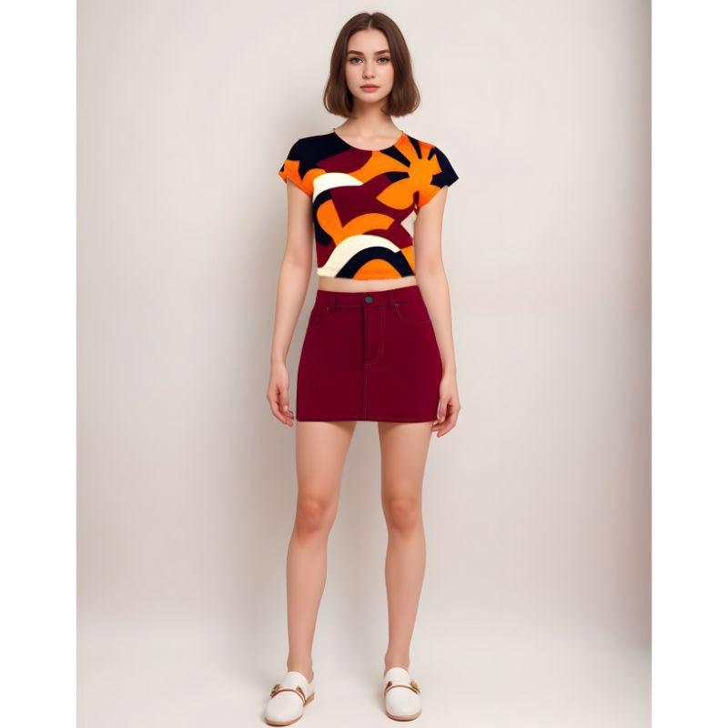 Trendy cropped women's t-shirt with bold abstract geometric pattern in orange, burgundy, navy, and white. Short-sleeved summer top with vibrant retro-inspired print, paired with burgundy mini skirt for a stylish casual outfit.