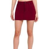 Burgundy stretch denim mini skirt, high-waisted style with classic 5-pocket design. Form-fitting silhouette emphasizes curves. Versatile fashion staple for casual and night-out looks. Trendy wine red color perfect for fall/winter wardrobes