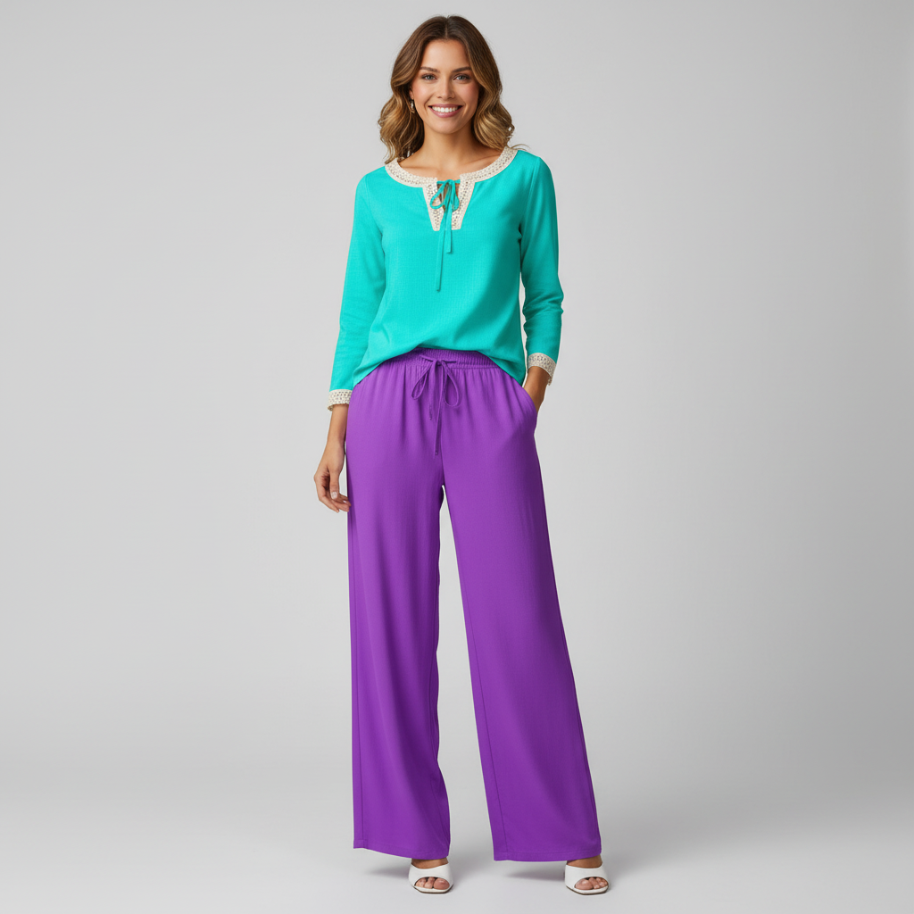 Aqua Split-Neck Long Sleeve Blouse with Lace Detail - Core Essentials