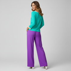 Aqua Split-Neck Long Sleeve Blouse with Lace Detail - Core Essentials