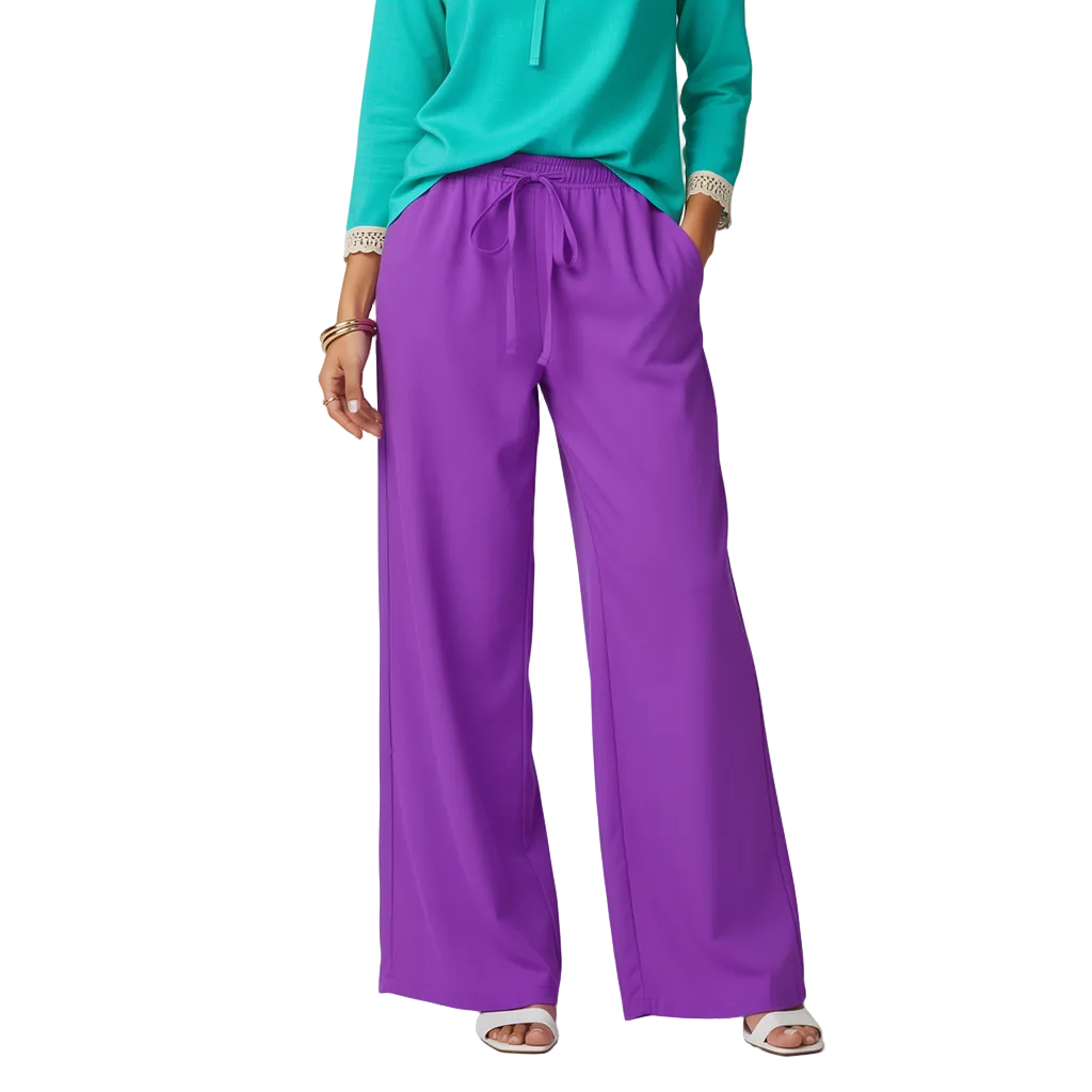 Blissfully Brand Violet Flowy Wide-Leg Pants — rich violet wide-leg drawstring trousers in lightweight polyester, paired with cyan tie-neck top, Core Essentials Series, made to order