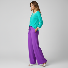 Aqua Split-Neck Long Sleeve Blouse with Lace Detail - Core Essentials