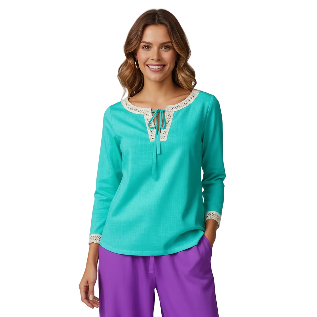 Vibrant cyan split-neck long sleeve blouse with cream lace trim and tie neckline, paired with violet wide-leg pants — Cyan Lace Trim Blouse from Blissfully Brand Core Essentials Series