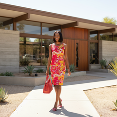 Bold and vibrant Decora knee length dress by Blissfully Brand in retro-inspired floral print, perfect for making a chic statement.