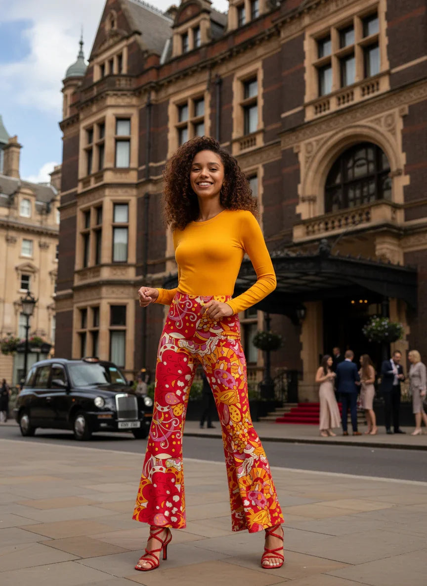 Vibrant Decora print palazzo pants - Retro Chic Psychedelic Red Pink Orange Print Swirls Floral Paisley - Wide Leg Trousers - Statement Piece - Profonde by Blissfully Brand