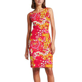 Psychedelic Vibrant Paisley Floral above knee ocktail sheath dress swirls retro Designer Print Red Pink Round Neck Form fitted bodycon Retro Blissfully Brand