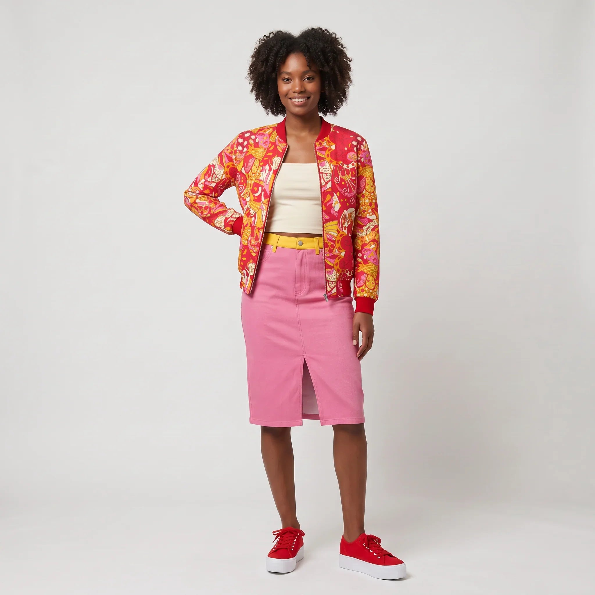 Decora Solid Pink Flexe Denim Midi Skirt