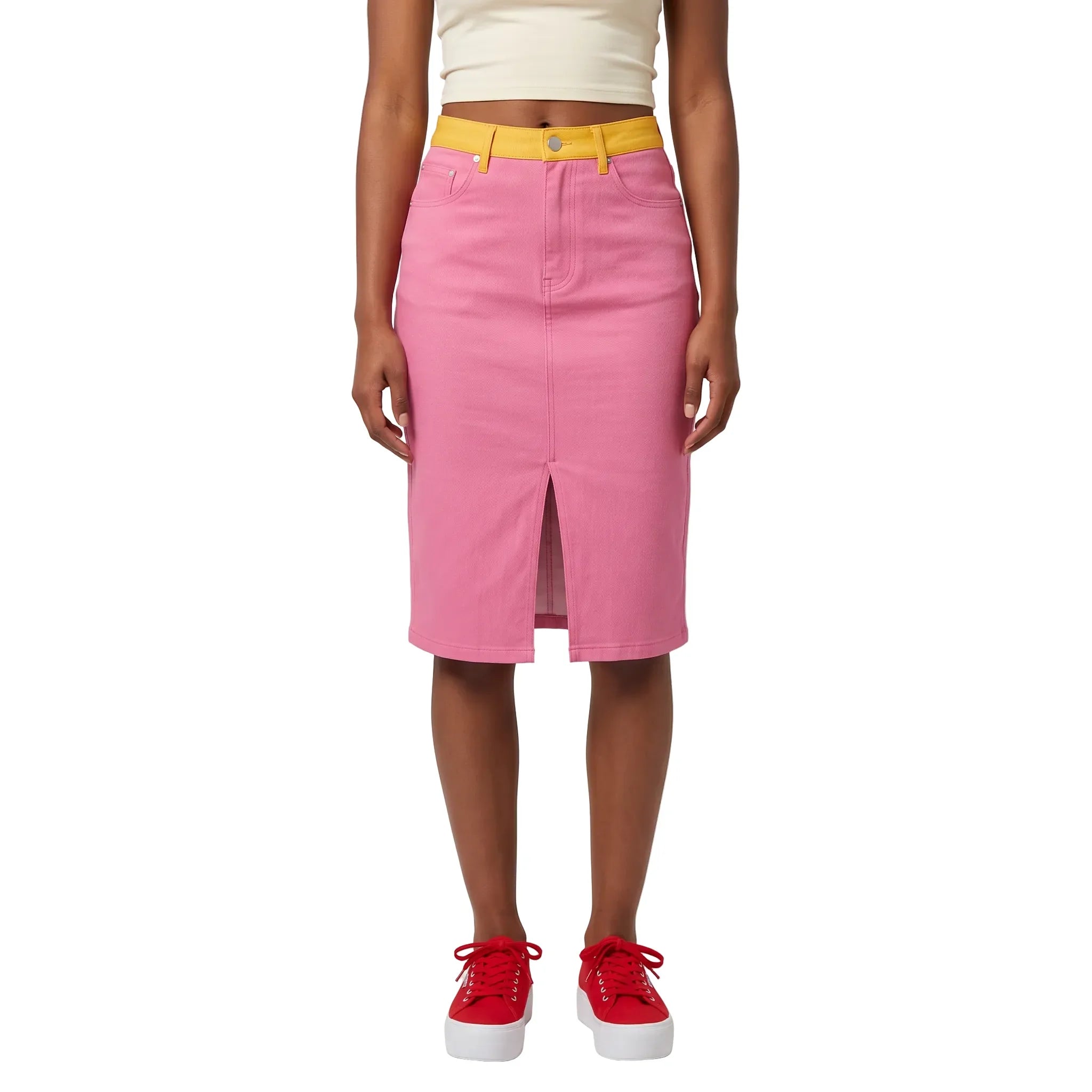 Woman wearing Tickle Me Pink Decora midi denim skirt with Sunglow Yellow waistband, cream tube top, red platform sneakers – Flexe Denim London Bliss Collection