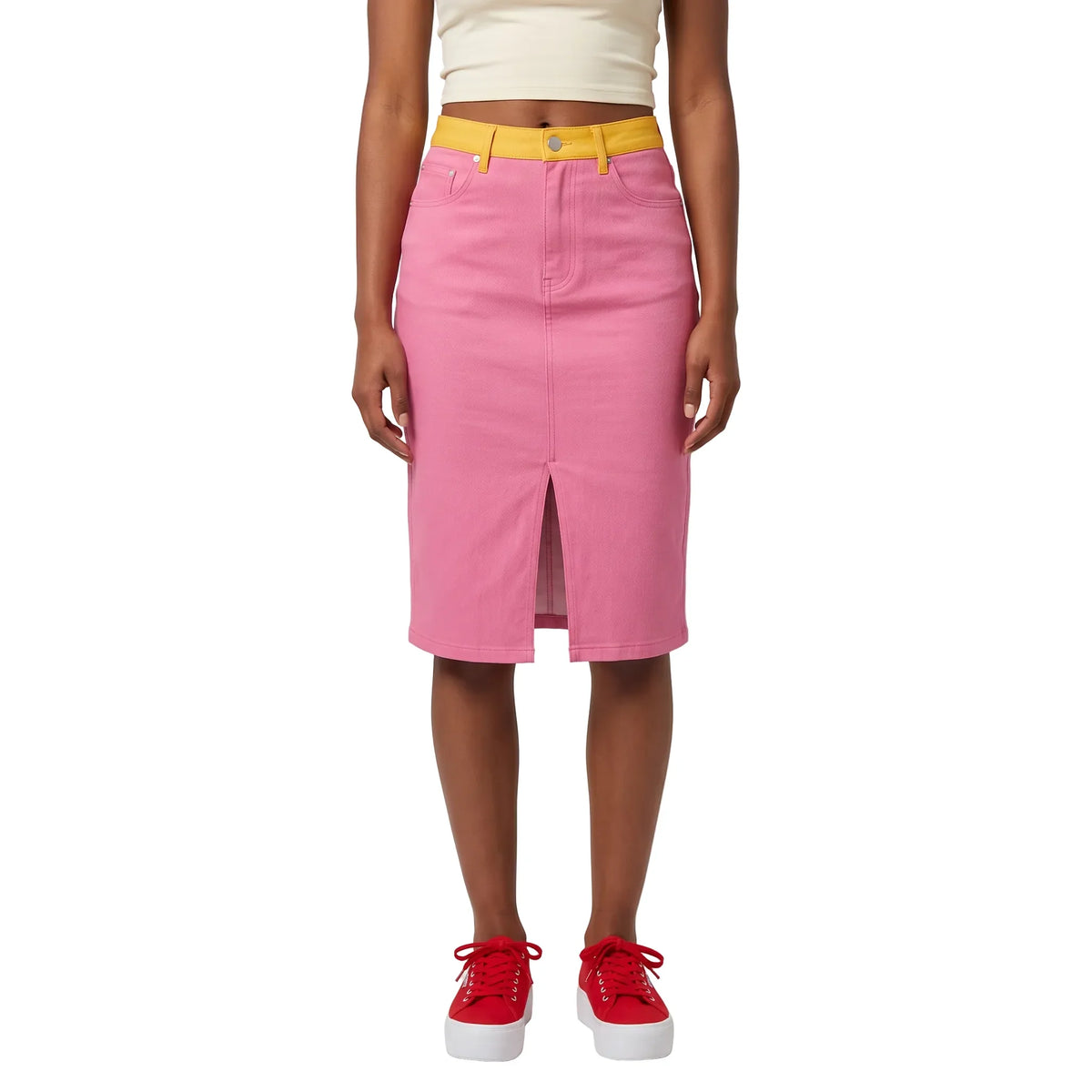 Woman wearing Tickle Me Pink Decora midi denim skirt with Sunglow Yellow waistband, cream tube top, red platform sneakers – Flexe Denim London Bliss Collection