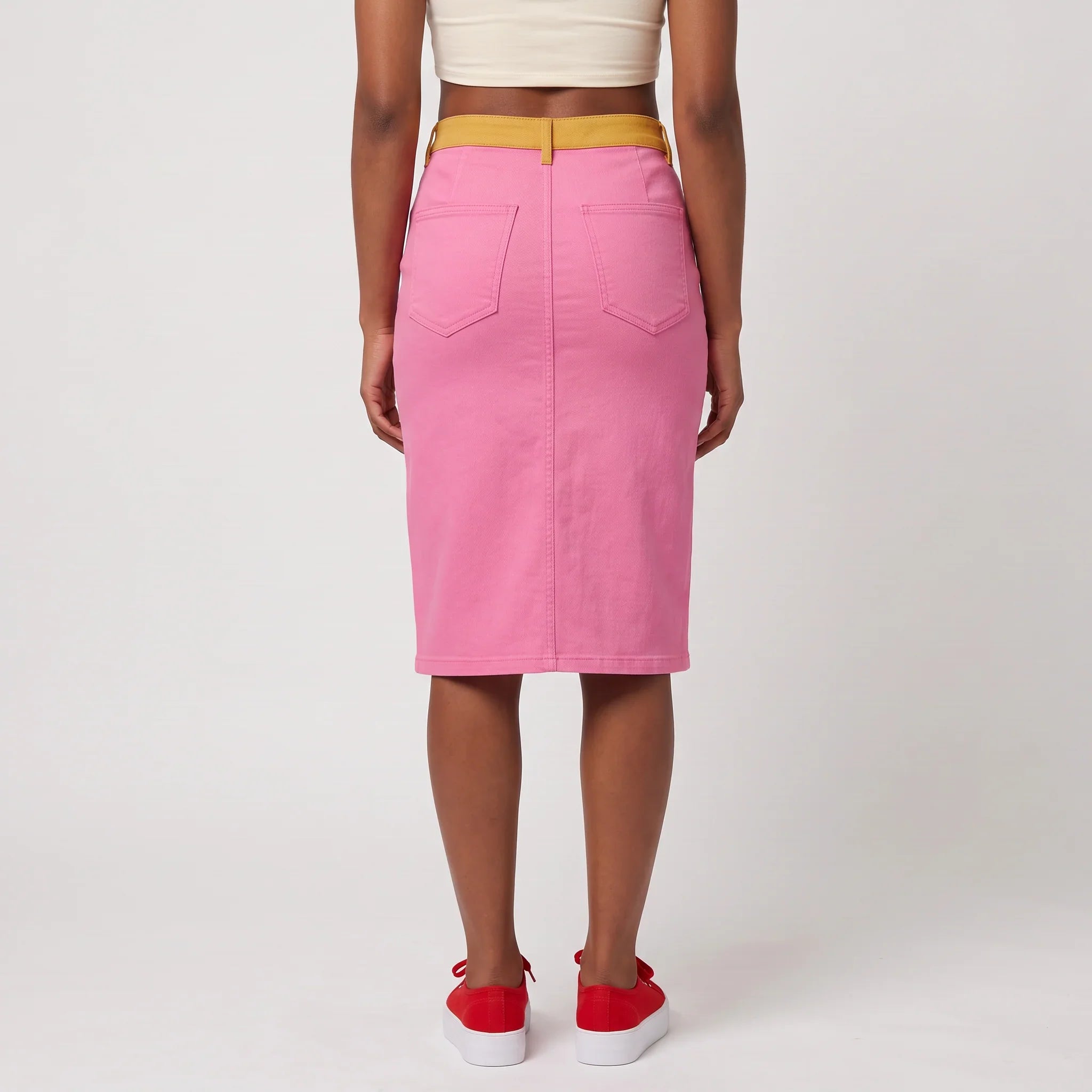 Decora Solid Pink Flexe Denim Midi Skirt
