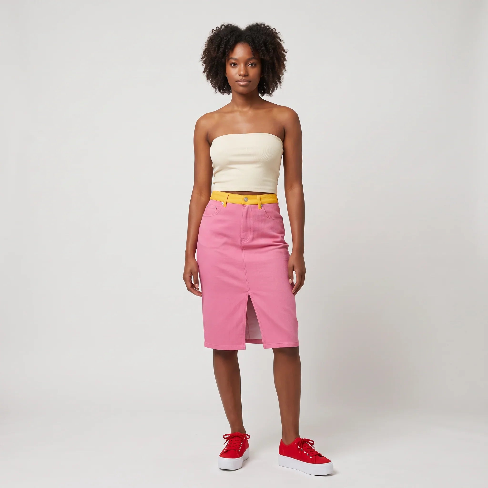 Decora Solid Pink Flexe Denim Midi Skirt