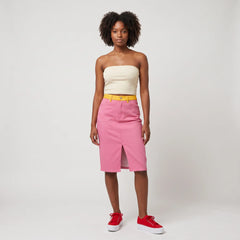 Decora Solid Pink Flexe Denim Midi Skirt