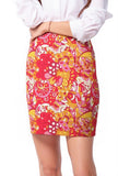Vibrant Decora Print Mini Fitted Pencil Skirt with Red, Pink, and Yellow Floral Pattern - Retro Chic & Bold - Blissfully Brand