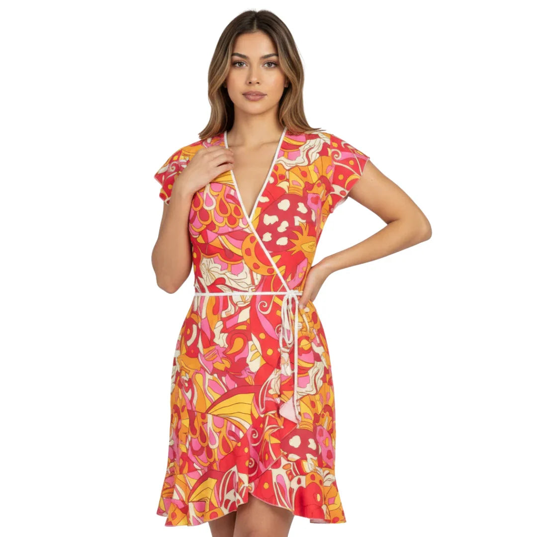 Decora Flounce Hem Wrap Tea Dress - Abstract Paisley Print - Swirls - Red Pink - Retro Dress - Psychedelic - Handmade - 70's
