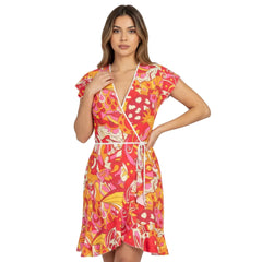 Decora Flounce Hem Wrap Tea Dress - Abstract Paisley Print - Swirls - Red Pink - Retro Dress - Psychedelic - Handmade - 70's