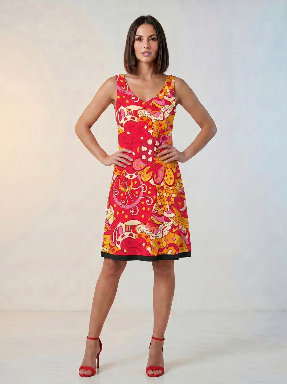 Blissfully Brand Decora Print Reversible Sleeveless A-Line Dress in fiery red, orange, and pink psychedelic ITY knit — handmade to order in Montreal, Canada — Profonde Collection