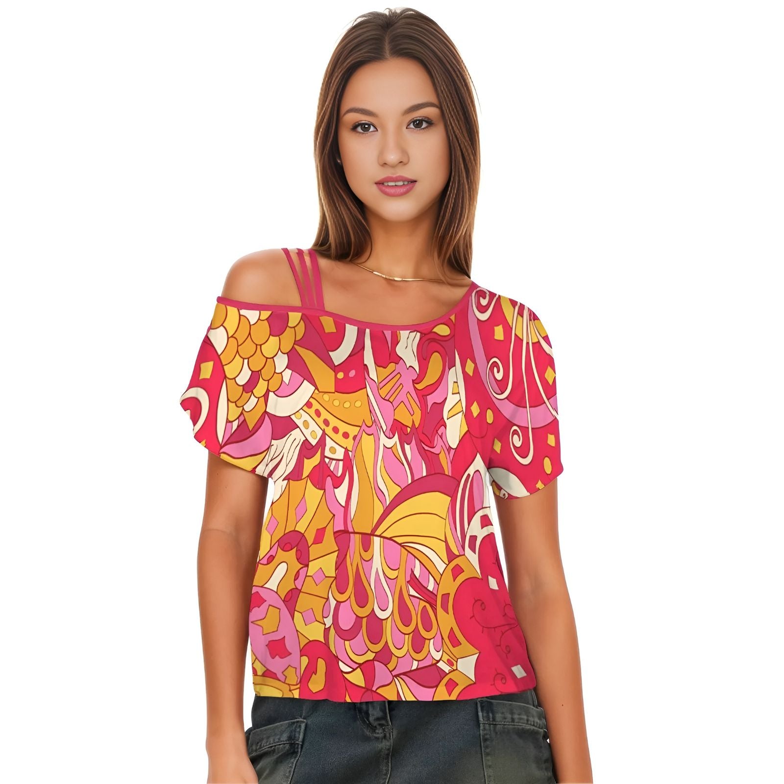 Vibrant Bohemian Off-Shoulder Decora Print Top Retro Paisley Floral Psychedelic Blissfully Brand