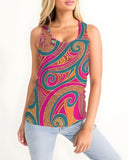 Doces Fitted Racerback Tank Top - Pink Green Swirly Paisley Print Orange Retro Funky Bold Vibrant Sleeveless Summer Women's Multicolor