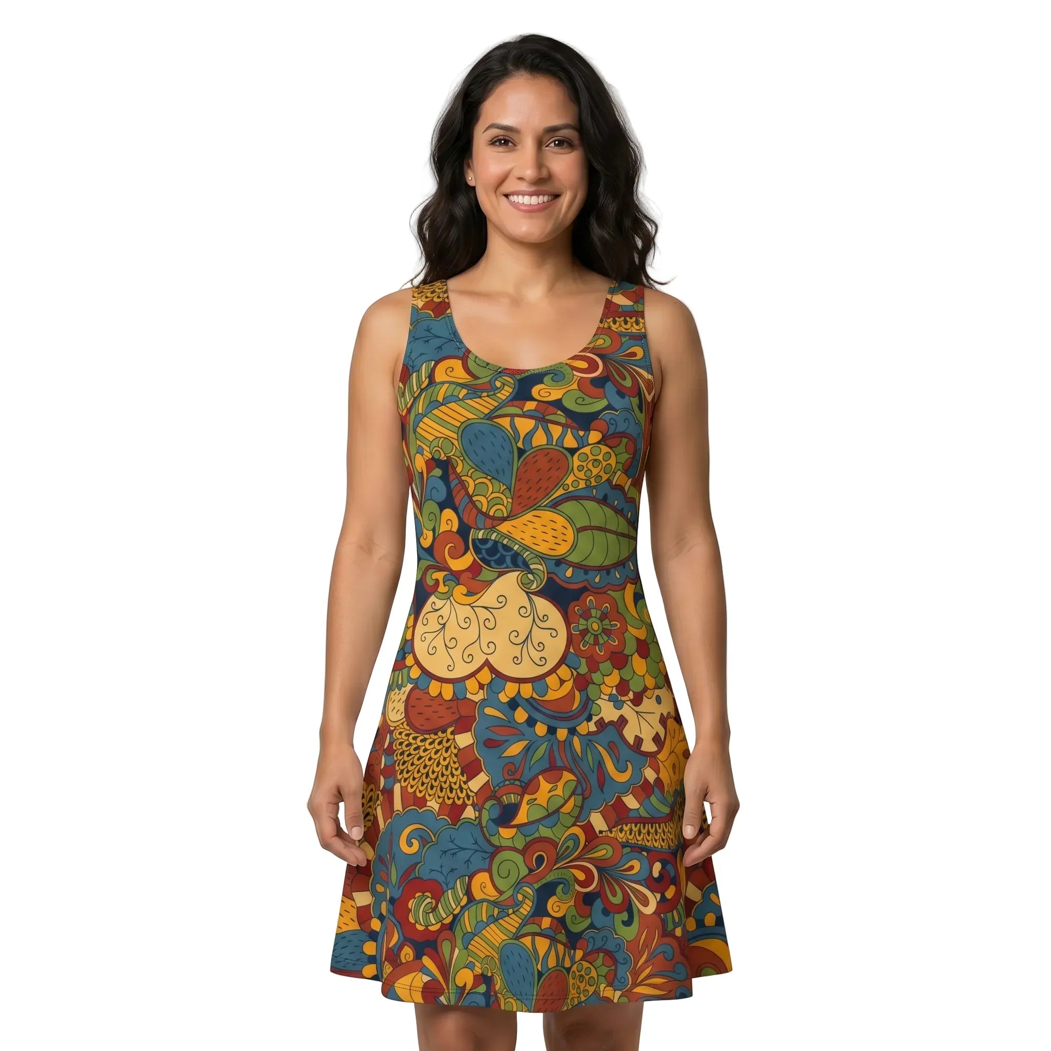 Ebisa Print Skater Dress in bold psychedelic Tangaroa Blue, Tree Poppy Orange and Wasabi Green — made to order London Bliss Collection flared skater dress for women