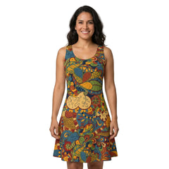 Ebisa Print Skater Dress in bold psychedelic Tangaroa Blue, Tree Poppy Orange and Wasabi Green — made to order London Bliss Collection flared skater dress for women