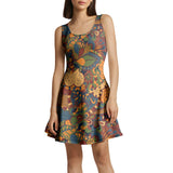 Ebisa Skater Mini Dress - Dark Psychedelic Paisley Floral Velour & Jersey Retro Kaleidoscopic Bold Swirls Scales Scoop Neck