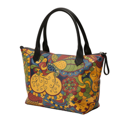 Ebisa print leather tote bag golden folk art design full-grain Nappa leather black trim – handmade London shoulder bag three interior pockets Italian hardware - Blissfully Brand