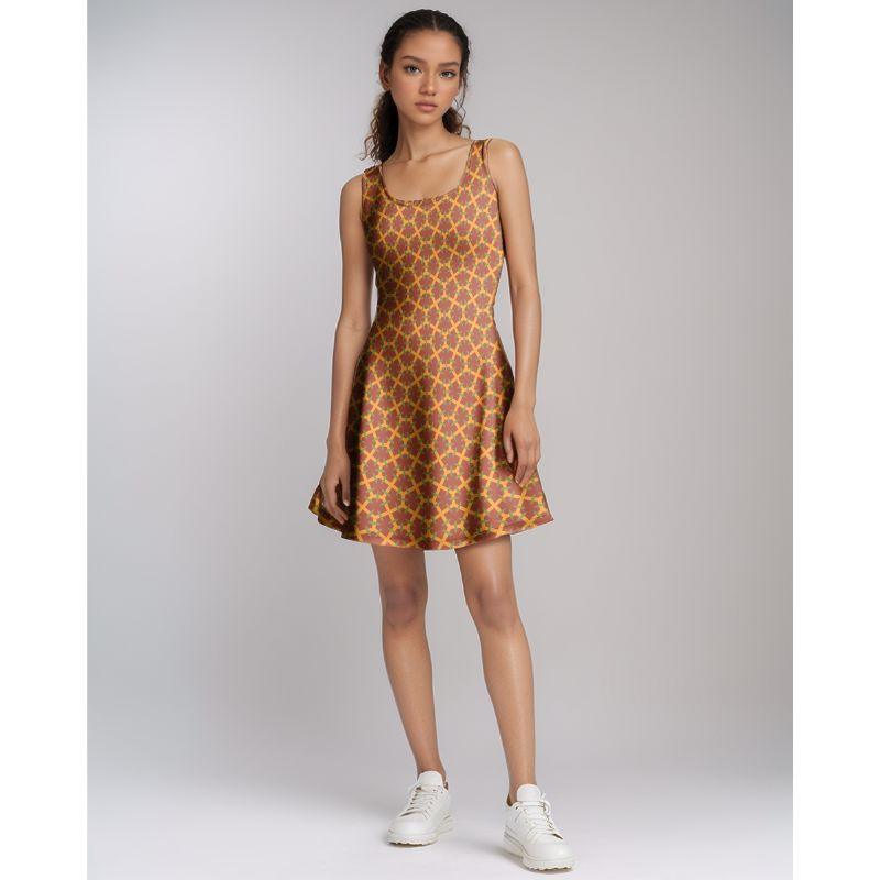 Handmade sleeveless skater dress with a geometric pattern in shades of brown, orange, and green. Blissfully Brand Made in England