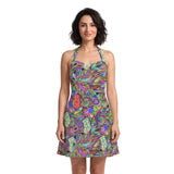 Eranas print sweetheart halter fit and flare mini dress, backless design, jewel-tone stained glass paisley pattern, made to order, plus size available
