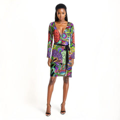 Eranas Wrap Mini Dress - Abstract Kaleidoscope Paisley Floral Multicolor Retro Swirls Bold Vibrant Large Print Plus Size Made in England Funky Wild