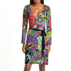 Eranas Wrap Mini Dress - Abstract Kaleidoscope Paisley Floral Multicolor Retro Swirls Bold Vibrant Large Print Plus Size Made in England Funky Wild