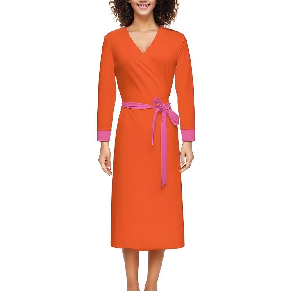 Flight 239 Orange 3/4 Sleeve V-neck Wrap Midi Dress - Pink Accents Belt Slim Fit Mod Bold Vibrant Solid - Airline Series Plus Sizes