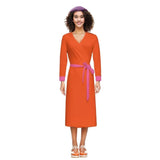 Flight 239 Orange 3/4 Sleeve V-neck Wrap Midi Dress - Pink Accents Belt Slim Fit Mod Bold Vibrant Solid - Airline Series Plus Sizes