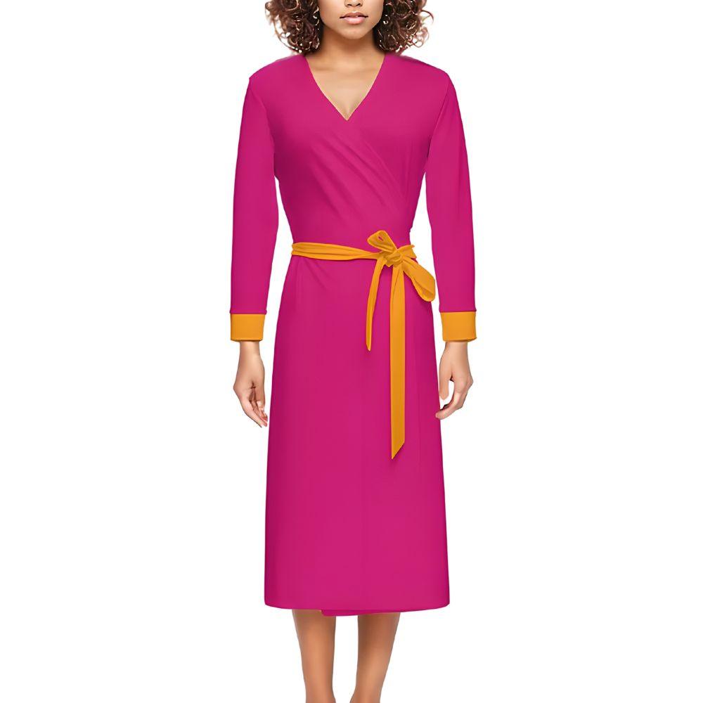 Flight 929 Pink 3/4 Sleeve V-neck Wrap Midi Dress Slim Fit Orange Accents Belt Sleek Solid Mod Bold Vibrant Blissfully Brand Airline Series Plus Sizes